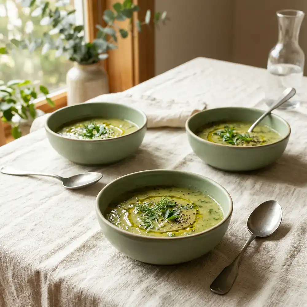 Minimalist sage green soup bowls resting on an ivory linen tablecloth