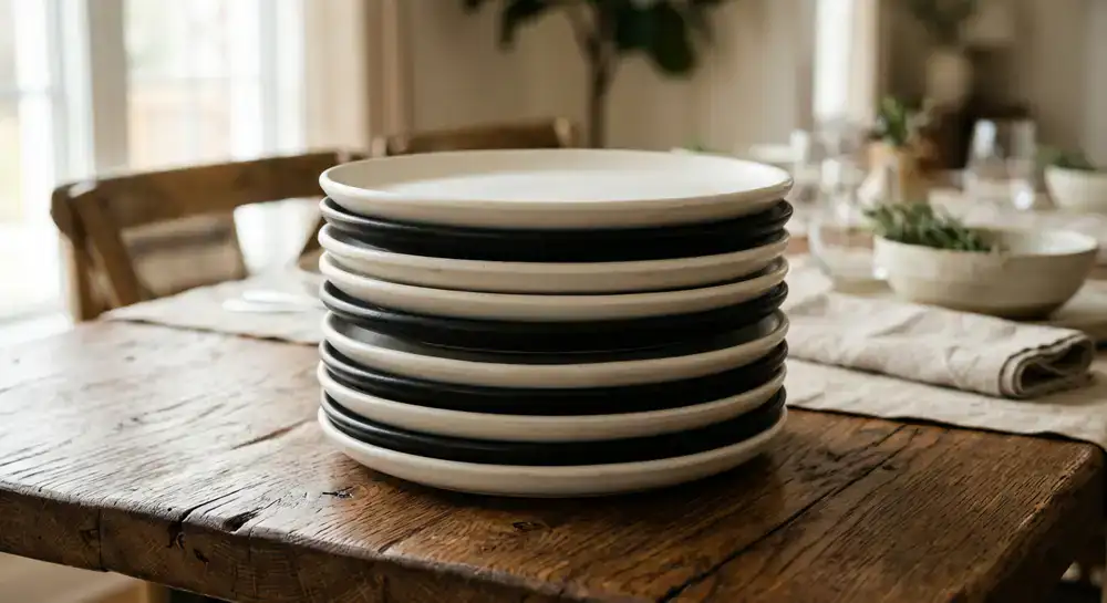 A stack of matte black and ivory white ceramic dinner plates on a textured wooden table