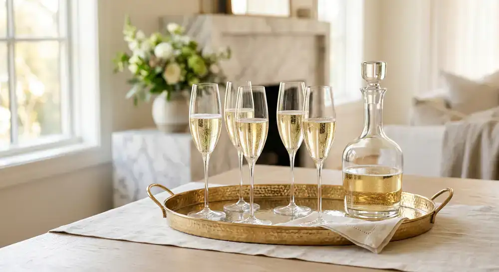 Champagne gold serving tray with elegant glassware