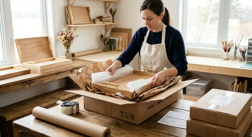Careful packaging of decorative trays for nationwide Canadian shipping