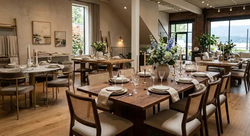Elegant dining tables showcased inside the Vranotic Living boutique in North Vancouver
