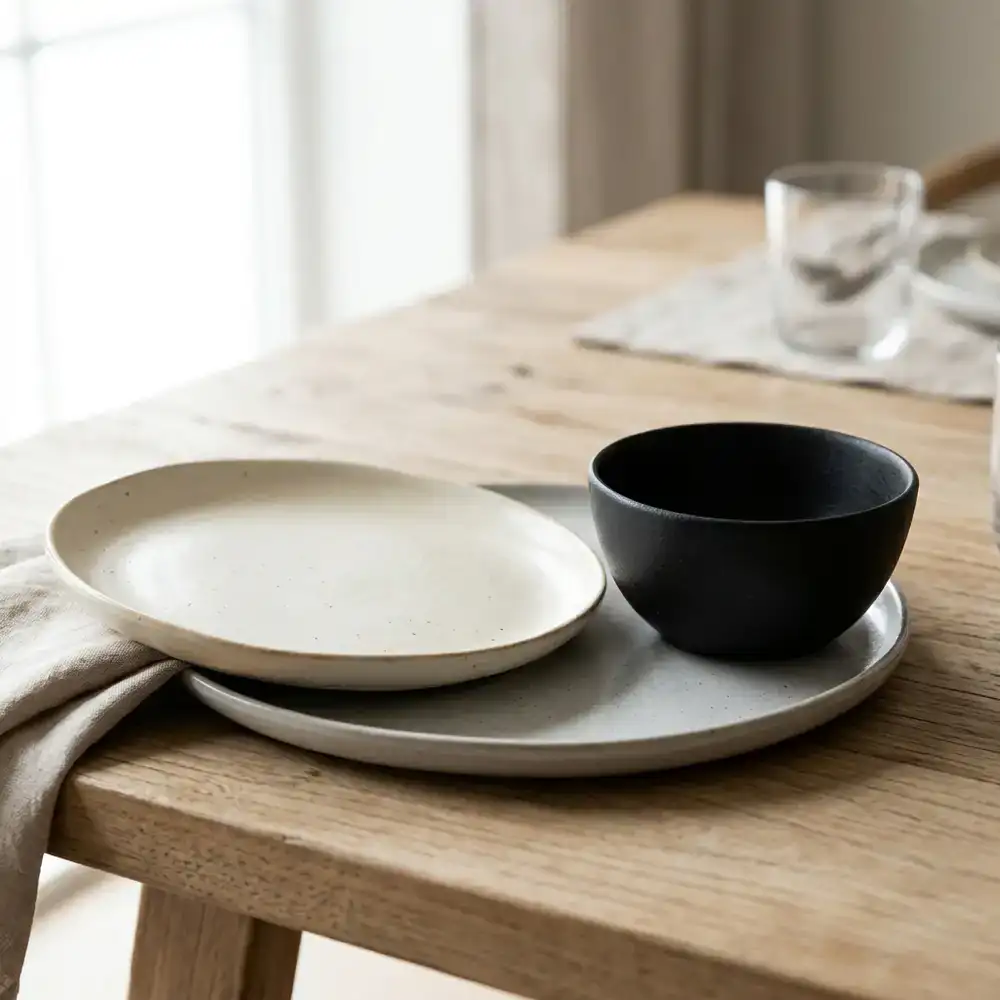 Close up of premium contemporary plates and matte black bowls