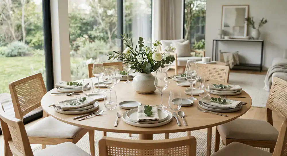 An elegantly set dining table featuring premium minimalist tableware in a modern home interior