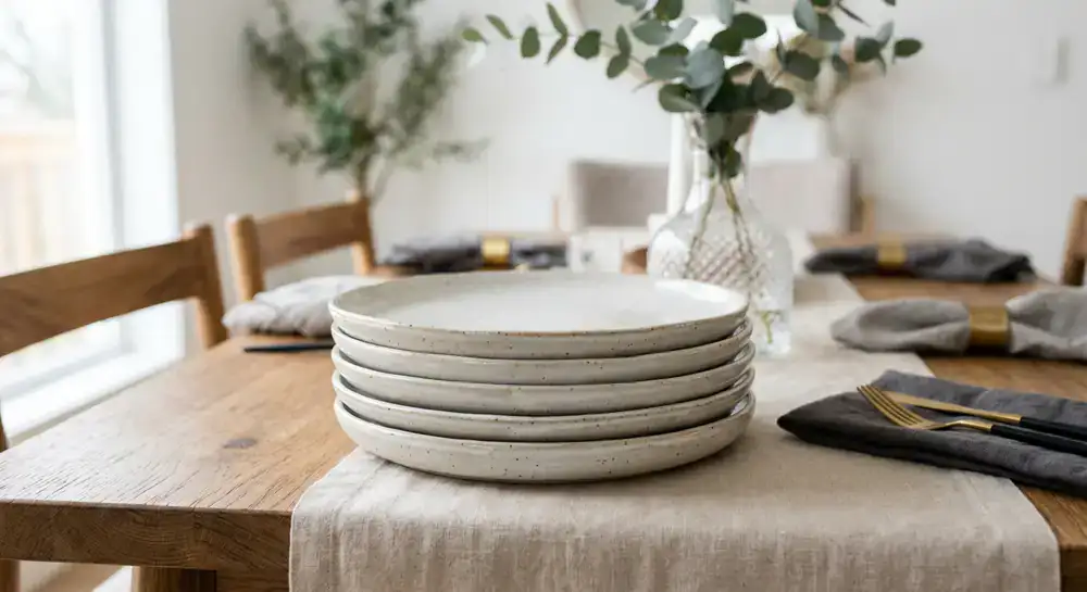 Elegant ceramic dinner plates stacked on a modern dining table