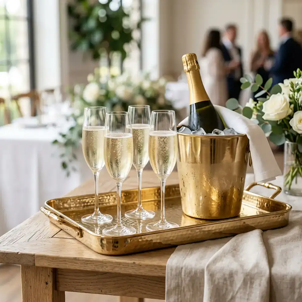 Champagne gold serving tray with glassware