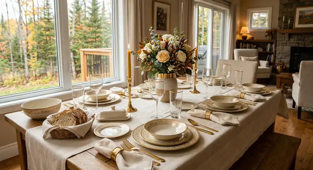 A beautifully set dining table featuring the Ivory and Gold tableware series in a warm Canadian home