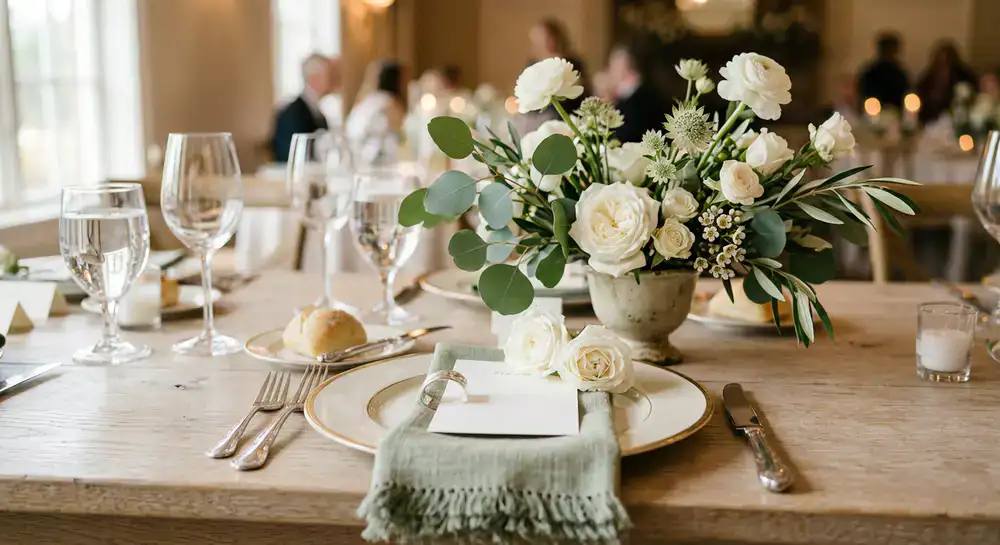 Close-up of the Ivory & Sage dining setting featuring an elegant plate and a subtle floral centerpiece