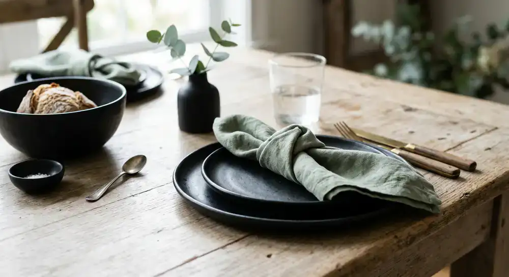 Close up of matte black ceramic tableware with sage green linen napkins