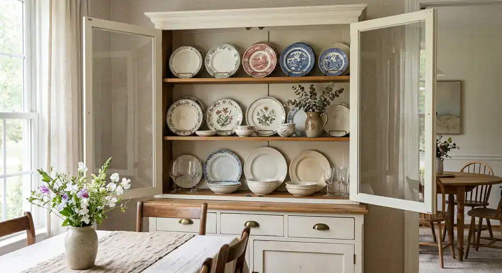 Lifestyle shot of a beautifully organized dining room cabinet displaying decorative plates