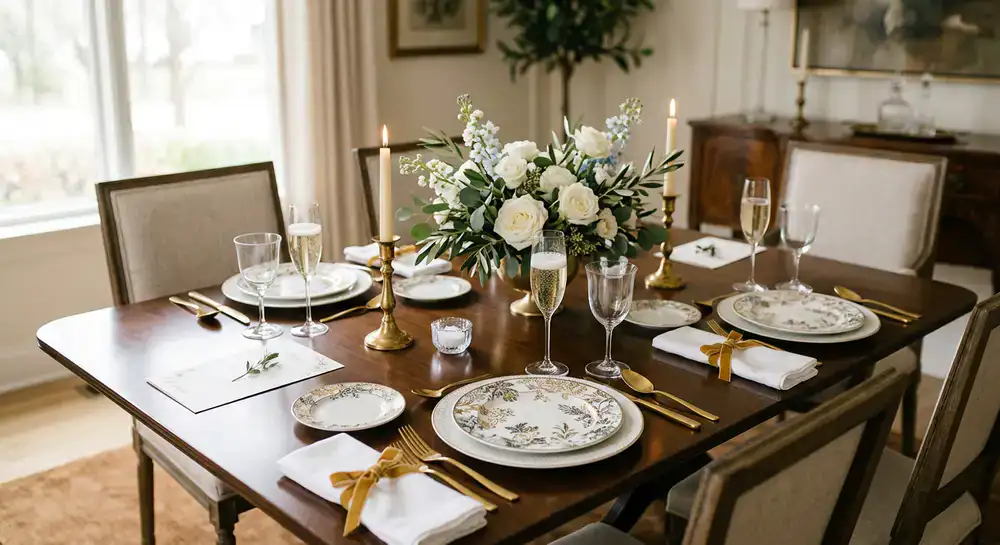 An elegant dining table set with Vranotic Living premium decorative plates and champagne gold cutlery