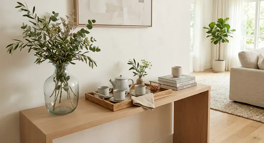 A modern home interior showcasing a beautifully styled serving tray on a minimalist console